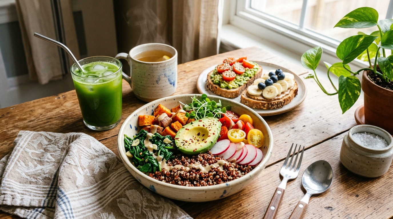 Reggeli növényi étkezés friss zöldségekkel és gabonával